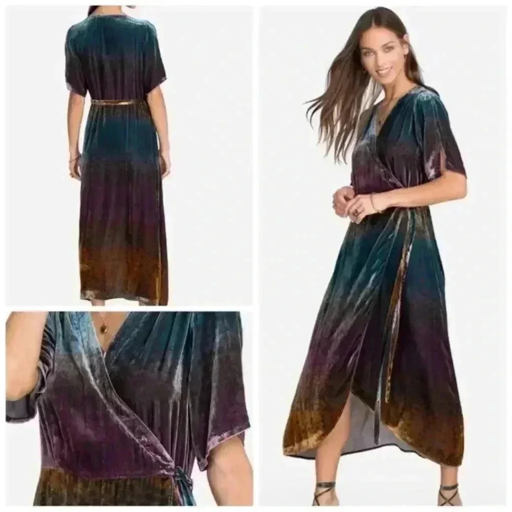 NWOT JOHNNY WAS Ombre Cheetah Print Velvet Midi Silk Wrap Dress Size XS - Picture 7 of 16